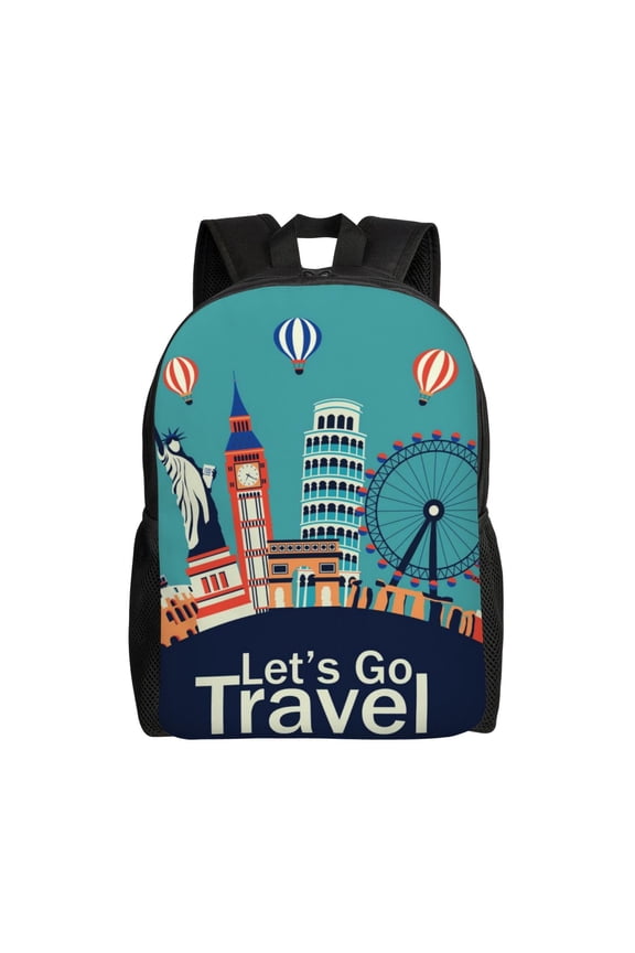Let's go Travel Print Backpack -Travel,or Work Bookbag Daypacks with 15-Inch Laptop Sleeve and Dual Water Bottle Pockets