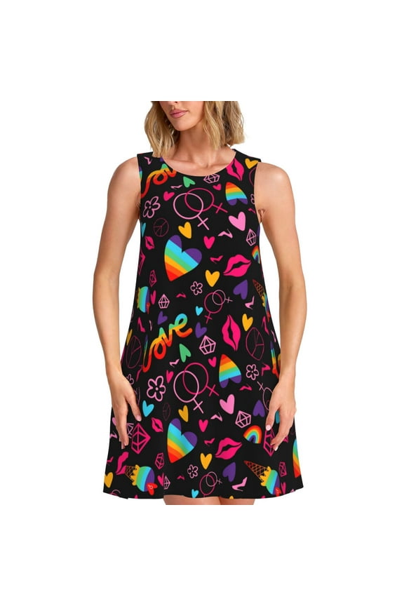 Lgbt Rainbow For Pride Pattern Women's Summer Dresses 2025 Beach Casual Sleeveless Tank Loose Sundress Beach Vacation Clothes with Pocket -Medium