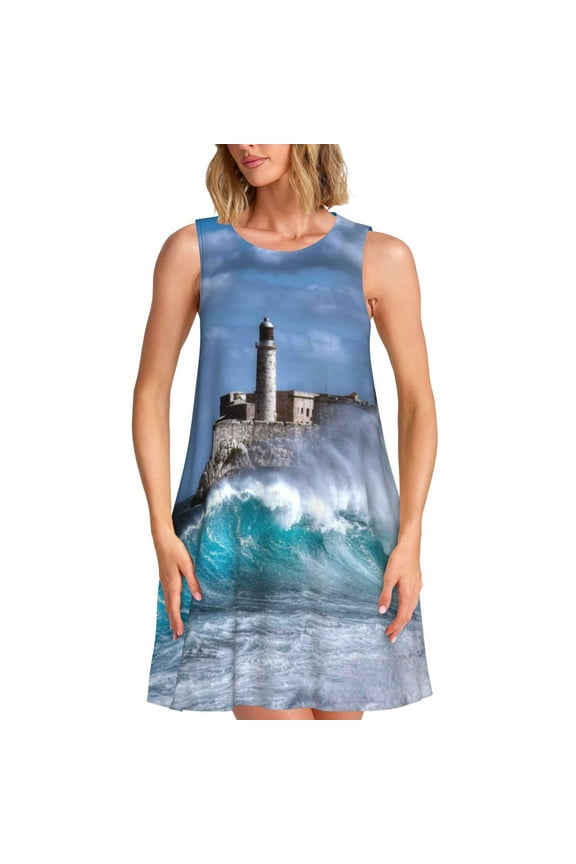 Lighthouse in Havana Pattern Women's Summer Dresses 2025 Beach Casual Sleeveless Tank Loose Sundress Beach Vacation Clothes with Pocket -X-Large