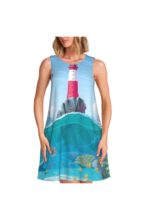 Lighthouse Sea Port Pattern Women's Summer Dresses 2025 Beach Casual Sleeveless Tank Loose Sundress Beach Vacation Clothes with Pocket -Medium