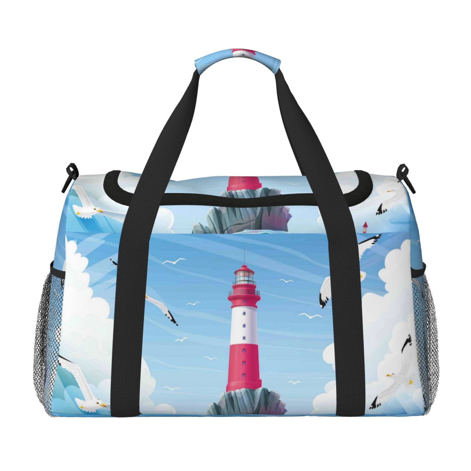 Defioc Lighthouse Sea Port Print Hand Travel Bag - Foldable Travel Duffel Bags for Men Women -Sport Gym Bag - Overnight Travel Duffel Bag - Adjustable Shoulder Strap