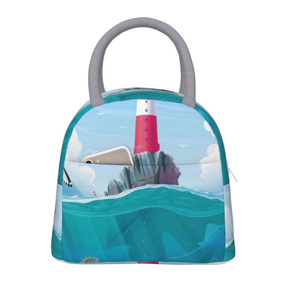 Defioc Lighthouse Sea Port Print LunchBag for Women and Men - Leakproof Cooler Tote Bag Organizer - Reusable Lunch Box for Office/Picnic/Hiking/Beach