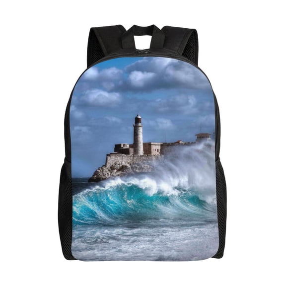 Defioc Lighthouse in Havana Print Backpack -Travel,or Work Bookbag Daypacks with 15-Inch Laptop Sleeve and Dual Water Bottle Pockets