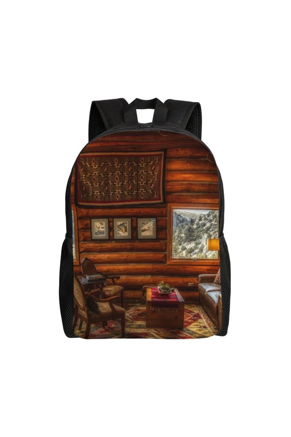 Log Cabin Inside Print Backpack -Travel,or Work Bookbag Daypacks with 15-Inch Laptop Sleeve and Dual Water Bottle Pockets
