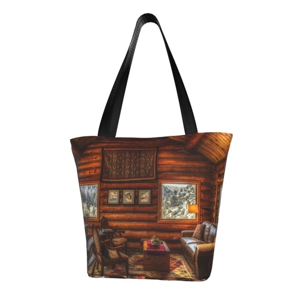 Defioc Log Cabin Inside Print Tote Bag for Women,Shoulder Bag with Zipper Casual Tote's Handbag Big Capacity Shoulder Bag with Inner Pocket Fit for Shopping,Office,Travel