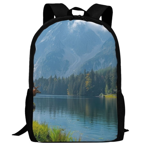 Defioc Majestic Deer Mountain Lake Pattern Carry on Backpack,16.5x12.5x5.5 Personal Item Bag Carry On Backpack Water Resistant Lightweight Daypack