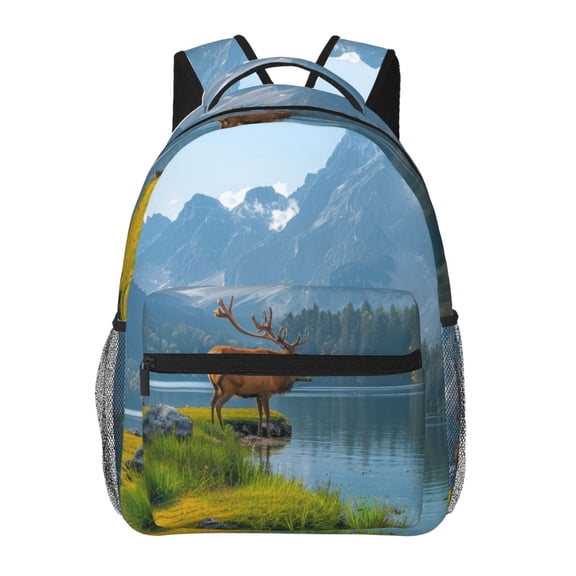 Defioc Majestic Deer Mountain Lake Pattern Laptop Backpack,Travel Backpack Outdoor Activities Bag Daypack for Travel Hiking Shopping Daily