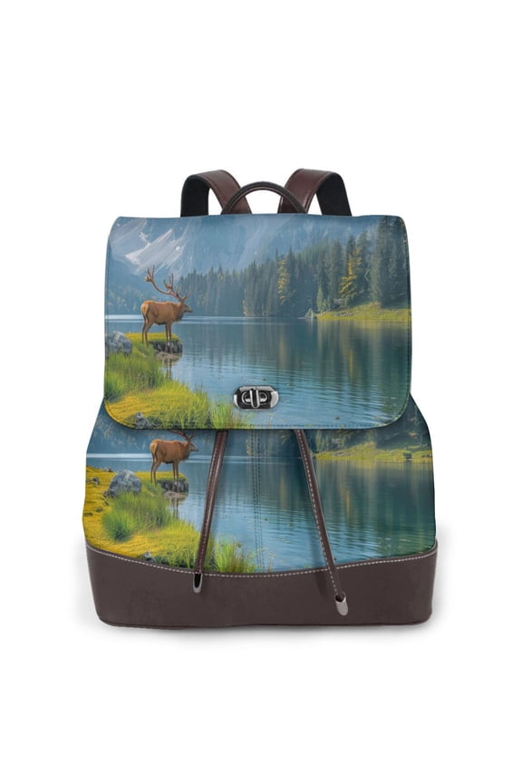Majestic Deer Mountain Lake Print PU Leather Backpack,Backpack Purse for Women Fashion Multipurpose Design Handbag Ladies Bags Travel Backpack