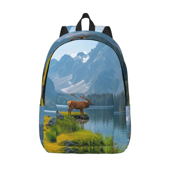 Defioc Majestic Deer Mountain Lake for Canvas Backpack,Travel Rucksack Unisex Knapsack Laptop Backpack for Work & College -Medium