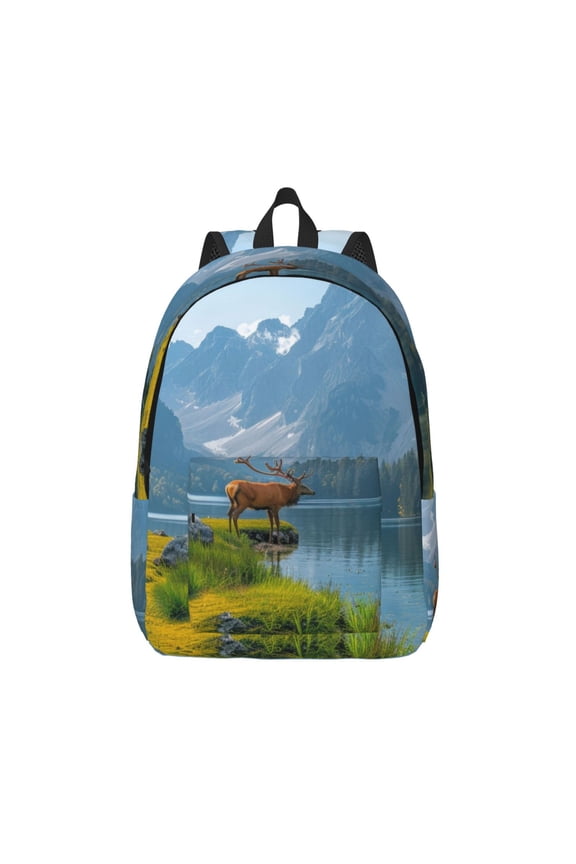 Majestic Deer Mountain Lake for Canvas Backpack,Travel Rucksack Unisex Knapsack Laptop Backpack for Work & College -Small