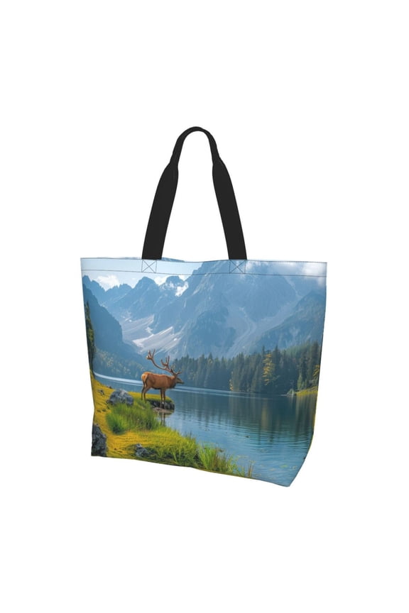 Majestic Deer Mountain Lakefor Women's Tote Bag - Shopping Bag Casual Shoulder Bag Fashion Handbag Daily Bag Hobo Bags for Travel Work Shopping