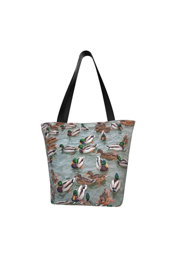 Mallard Ducks Swimming Print Tote Bag for Women,Shoulder Bag with Zipper Casual Tote's Handbag Big Capacity Shoulder Bag with Inner Pocket Fit for Shopping,Office,Travel