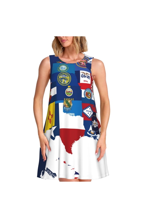 The Map Of United States Pattern Women's Summer Dresses 2025 Beach Casual Sleeveless Tank Loose Sundress Beach Vacation Clothes with Pocket -XX-Large