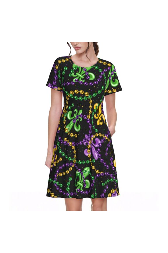 Mardi Gras6 Pattern Womens Summer Dresses Short Sleeve Sundress 2025 Beach Vacation Dresses with Pockets -XX-Large