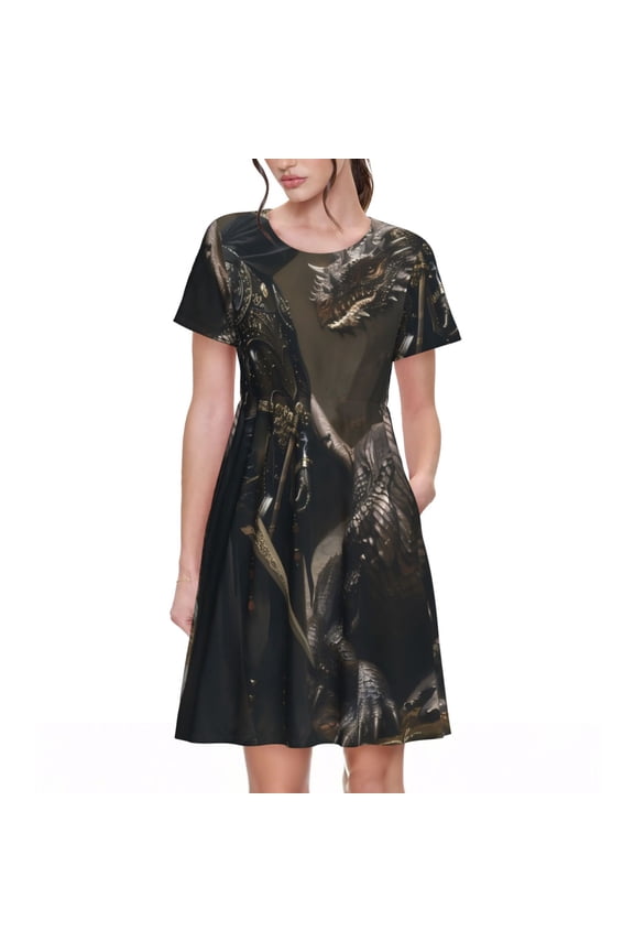 Medieval Knight And Dragon Pattern Womens Summer Dresses Short Sleeve Sundress 2025 Beach Vacation Dresses with Pockets -Small