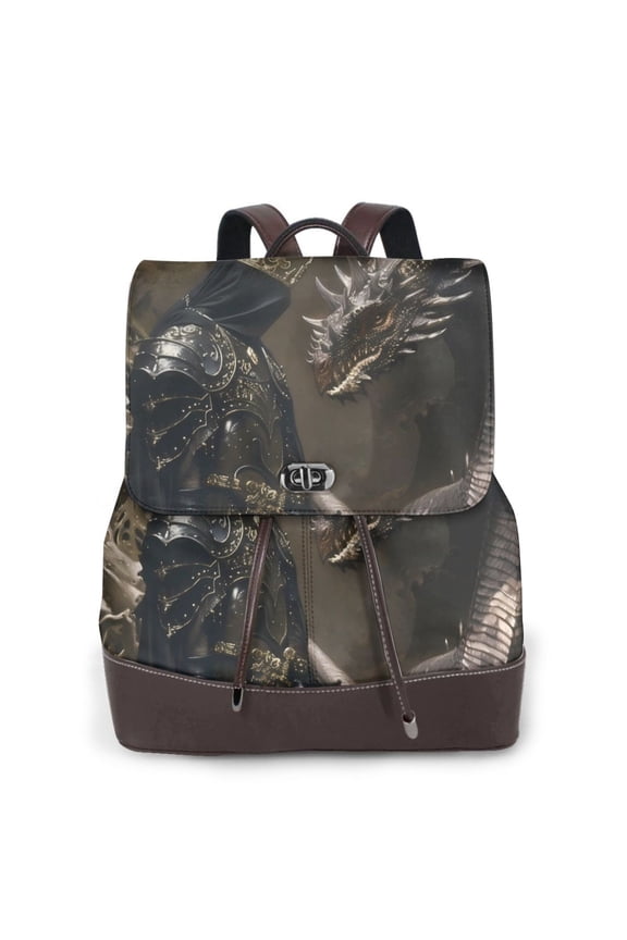 Medieval Knight And Dragon Print PU Leather Backpack,Backpack Purse for Women Fashion Multipurpose Design Handbag Ladies Bags Travel Backpack