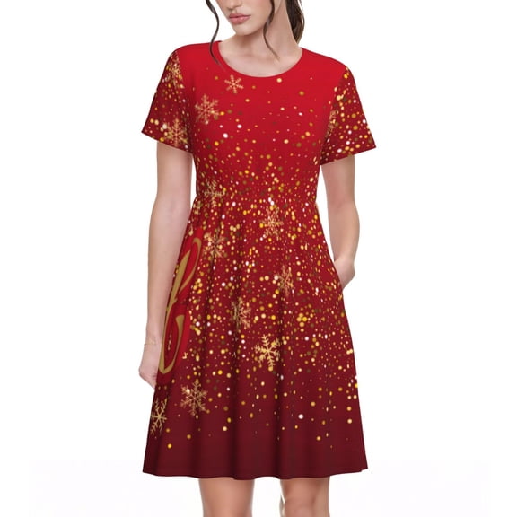 Defioc Merry Christmas Pattern Womens Summer Dresses Short Sleeve Sundress 2025 Beach Vacation Dresses with Pockets -Small