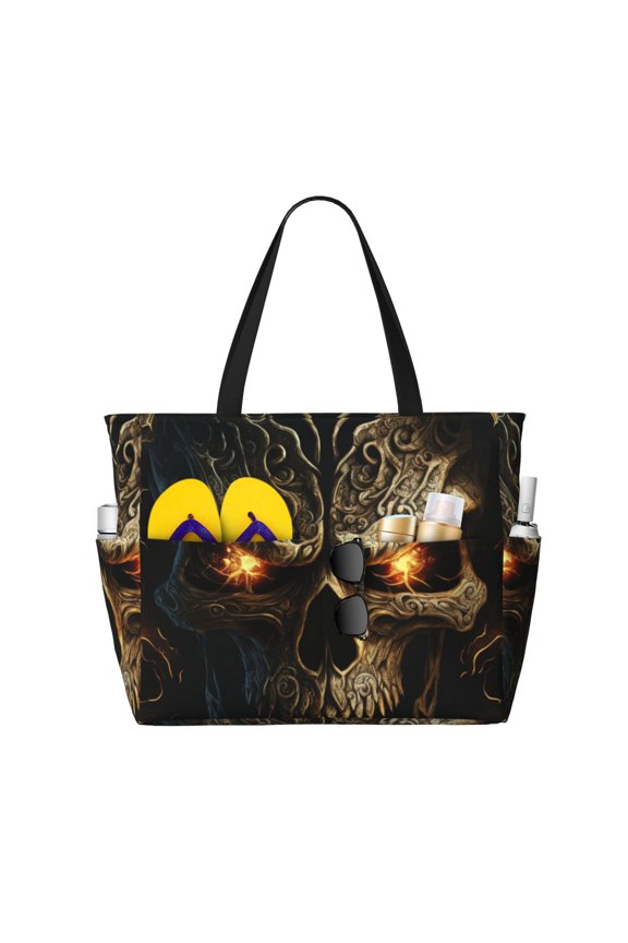 Metal Evil Skull Pattern Beach Bag for Women - Large Beach Tote Bag Waterproof Sandproof Swim Pool Bag Everyday Bag Handbags with Zipper