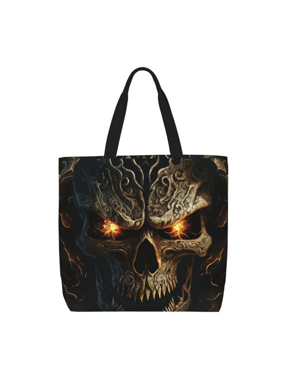 Metal Evil Skull Pattern Tote Bag for Women,Large Capacity Tote Bag with Zipper Casual Shoulder Handbags Shopping Bag