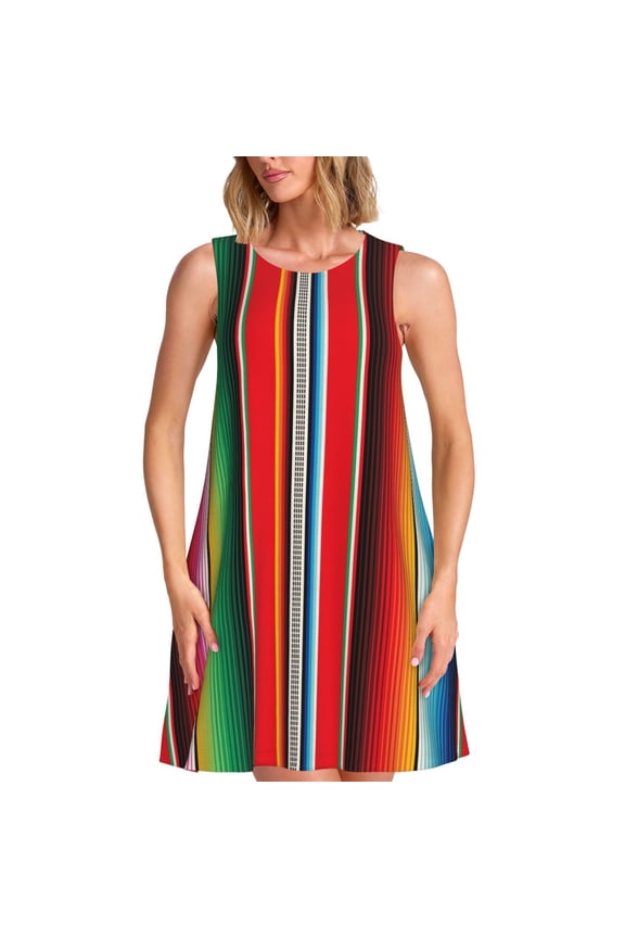 Mexican Serape Blanket Stripes Pattern Women's Summer Dresses 2025 Beach Casual Sleeveless Tank Loose Sundress Beach Vacation Clothes with Pocket -3X-Large
