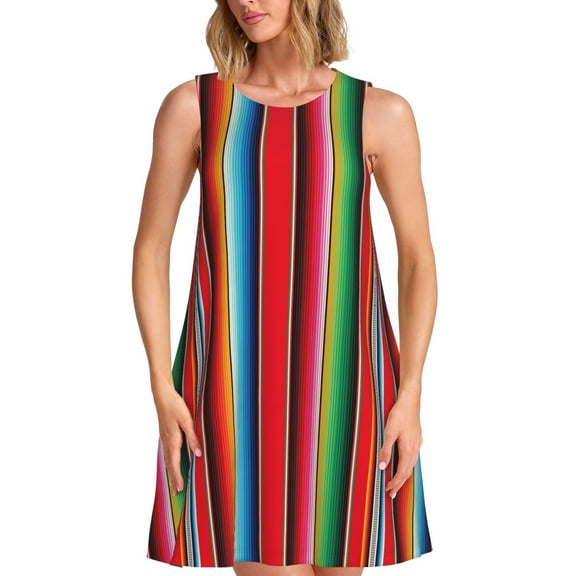 Defioc Mexican Serape Blanket Stripes Pattern Women's Summer Dresses 2025 Beach Casual Sleeveless Tank Loose Sundress Beach Vacation Clothes with Pocket -Medium