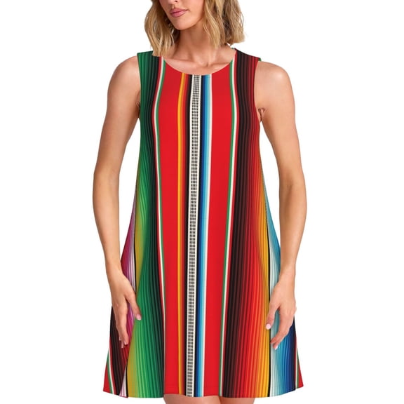 Defioc Mexican Serape Blanket Stripes Pattern Women's Summer Dresses 2025 Beach Casual Sleeveless Tank Loose Sundress Beach Vacation Clothes with Pocket -Medium