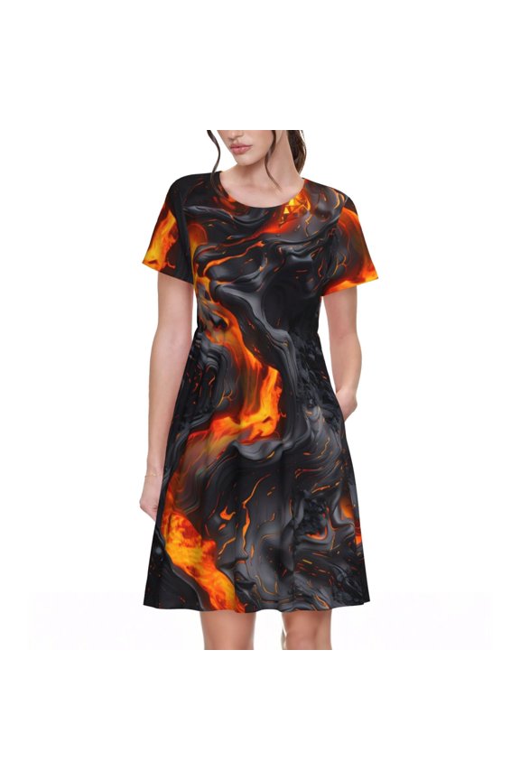 Molten Lava Abstract Flow Pattern Womens Summer Dresses Short Sleeve Sundress 2025 Beach Vacation Dresses with Pockets -Small