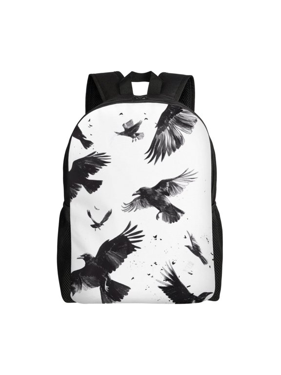Monochrome Flying Ravens Print Backpack -Travel,or Work Bookbag Daypacks with 15-Inch Laptop Sleeve and Dual Water Bottle Pockets