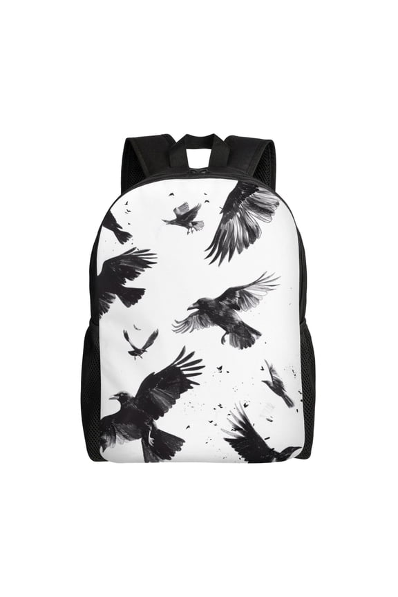 Monochrome Flying Ravens Print Backpack -Travel,or Work Bookbag Daypacks with 15-Inch Laptop Sleeve and Dual Water Bottle Pockets