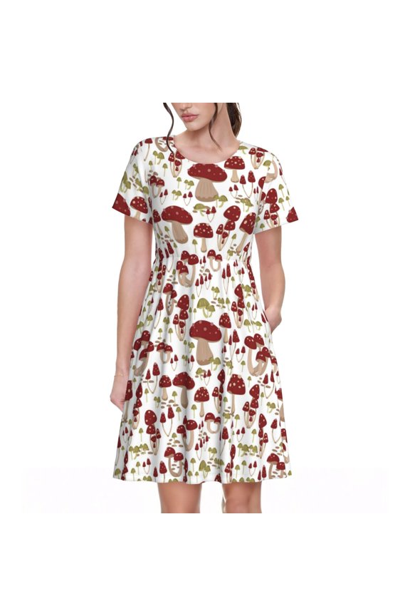 Mushroom Pattern Womens Summer Dresses Short Sleeve Sundress 2025 Beach Vacation Dresses with Pockets -Large