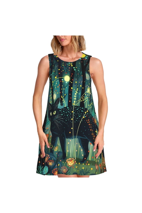 Mystical Black Cat Fireflies Pattern Women's Summer Dresses 2025 Beach Casual Sleeveless Tank Loose Sundress Beach Vacation Clothes with Pocket -Large