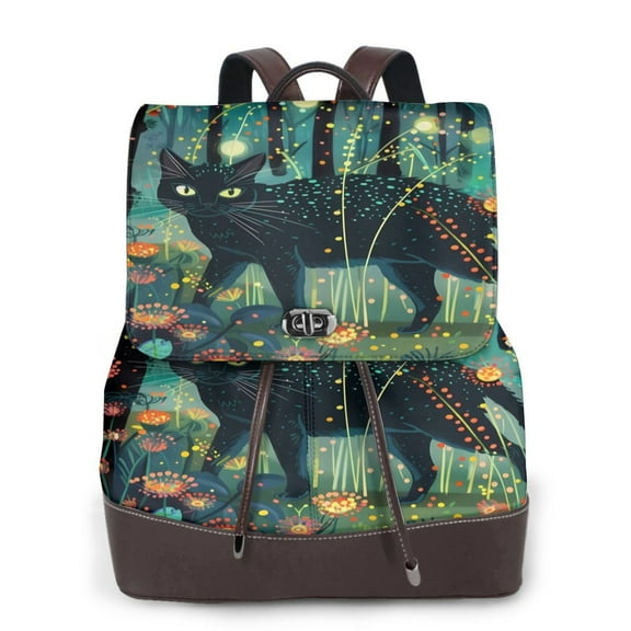 Defioc Mystical Black Cat Fireflies Print PU Leather Backpack,Backpack Purse for Women Fashion Multipurpose Design Handbag Ladies Bags Travel Backpack