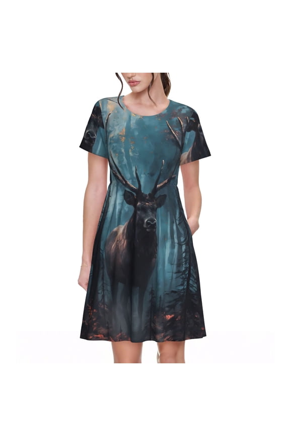 Mystical Forest Elk Pattern Womens Summer Dresses Short Sleeve Sundress 2025 Beach Vacation Dresses with Pockets -Medium