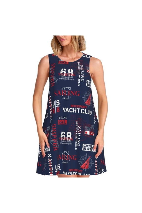 Nautical Style Sailboat Pattern Women's Summer Dresses 2025 Beach Casual Sleeveless Tank Loose Sundress Beach Vacation Clothes with Pocket -X-Large