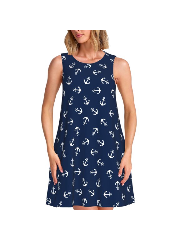 Nautical Themed Simple Anchors Pattern Women's Summer Dresses 2025 Beach Casual Sleeveless Tank Loose Sundress Beach Vacation Clothes with Pocket -3X-Large