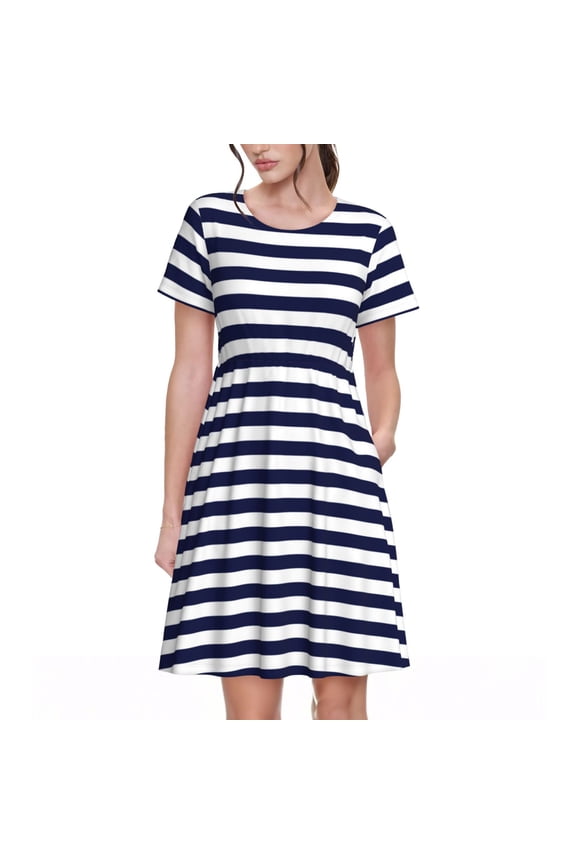Navy Blue And White Stripes Pattern Womens Summer Dresses Short Sleeve Sundress 2025 Beach Vacation Dresses with Pockets -XX-Large