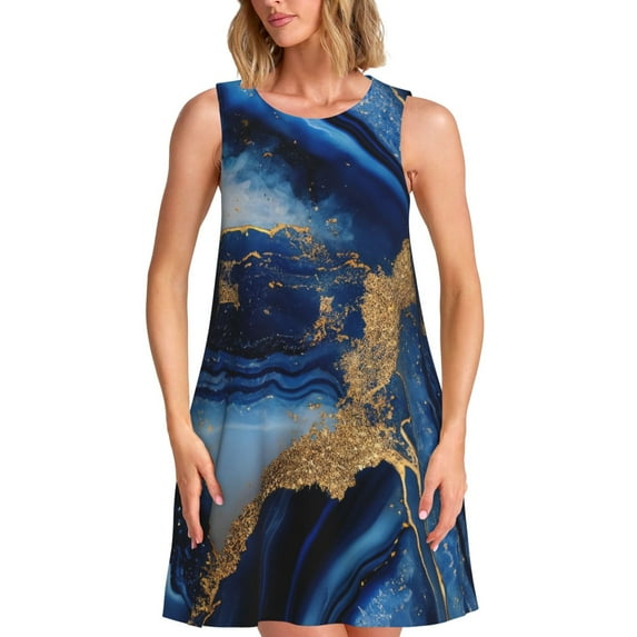 Defioc Navy Blue Marble Pattern Women's Summer Dresses 2025 Beach Casual Sleeveless Tank Loose Sundress Beach Vacation Clothes with Pocket -3X-Large