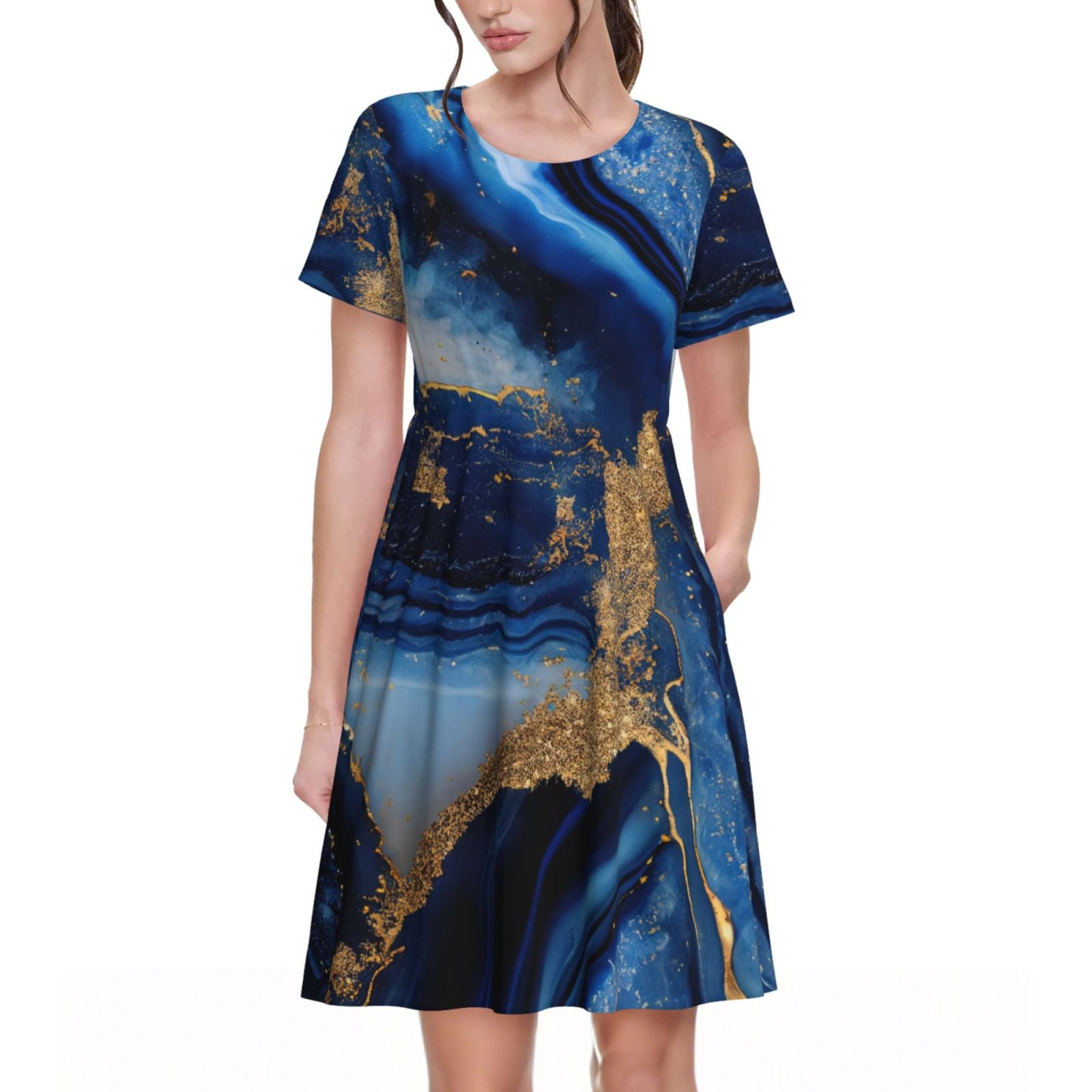 Defioc Navy Blue Marble Pattern Womens Summer Dresses Short Sleeve — free download