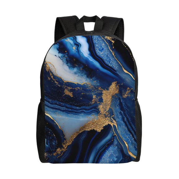 Defioc Navy Blue Marble Print Backpack -Travel,or Work Bookbag Daypacks with 15-Inch Laptop Sleeve and Dual Water Bottle Pockets