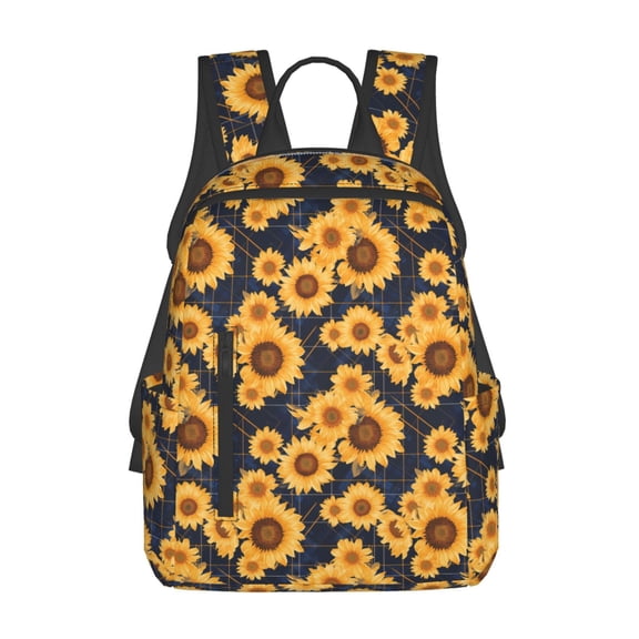 Defioc Navy Blue Plaid Sunflower Pattern Travel Laptop Backpack,Lightweight Backpack Travel Hiking Daypack Backpack Work Bag for Men Women