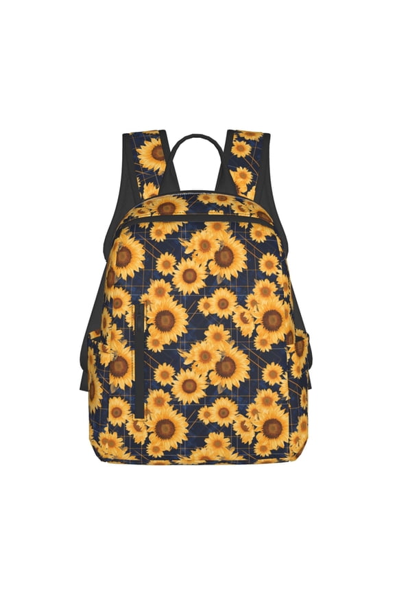 Navy Blue Plaid Sunflower Pattern Travel Laptop Backpack,Lightweight Backpack Travel Hiking Daypack Backpack Work Bag for Men Women