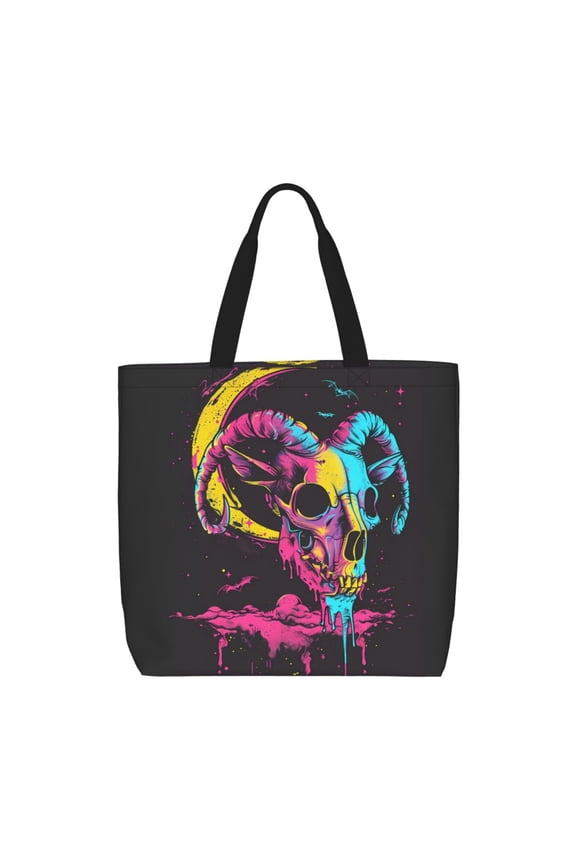 Neon Gothic Skull Moon Pattern Tote Bag for Women,Large Capacity Tote Bag with Zipper Casual Shoulder Handbags Shopping Bag