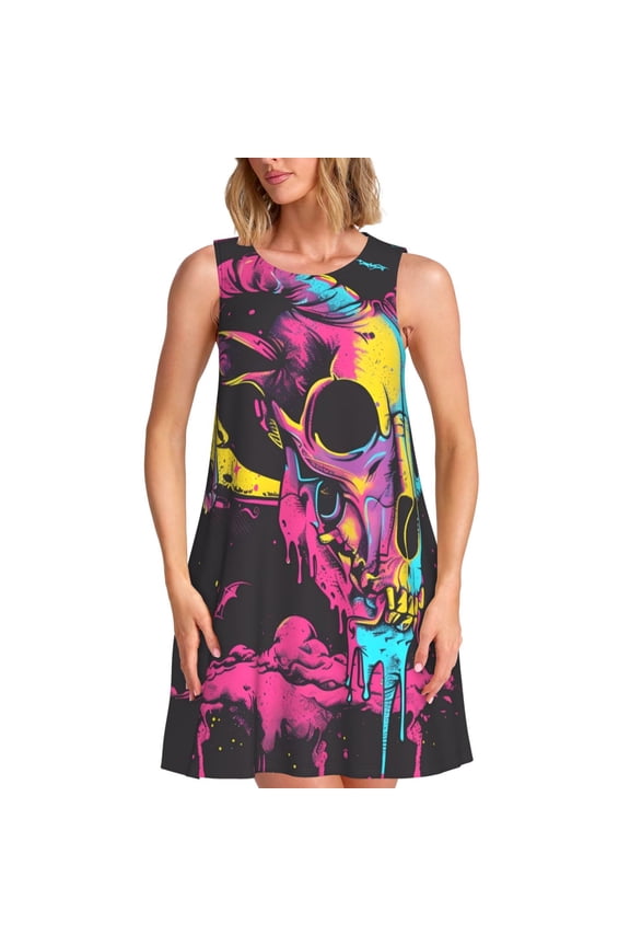 Neon Gothic Skull Moon Pattern Women's Summer Dresses 2025 Beach Casual Sleeveless Tank Loose Sundress Beach Vacation Clothes with Pocket -Large