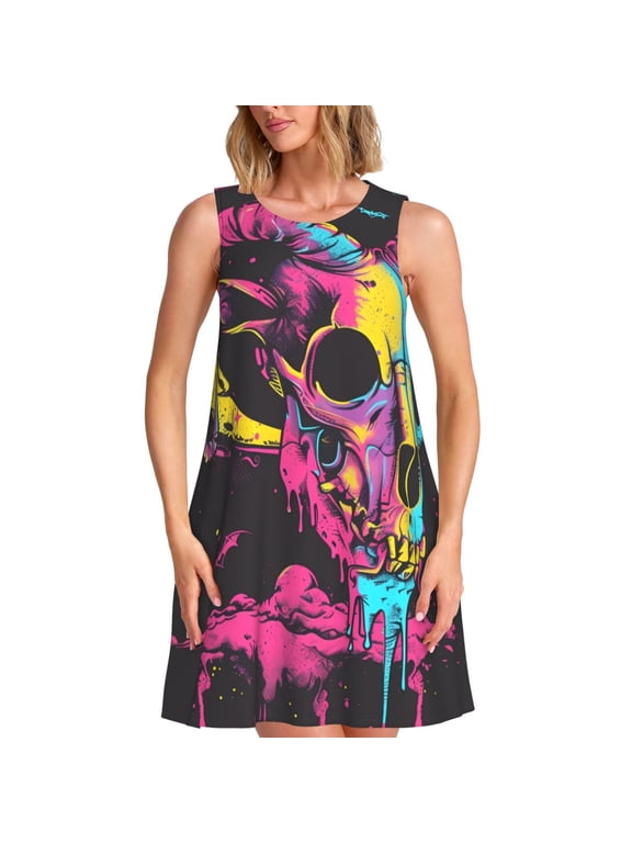 Neon Gothic Skull Moon Pattern Women's Summer Dresses 2025 Beach Casual Sleeveless Tank Loose Sundress Beach Vacation Clothes with Pocket -Small