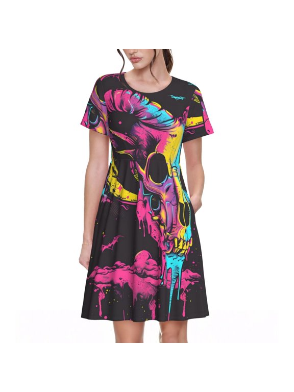 Neon Gothic Skull Moon Pattern Womens Summer Dresses Short Sleeve Sundress 2025 Beach Vacation Dresses with Pockets -Small