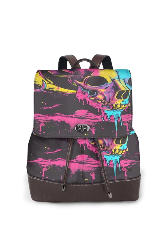 Neon Gothic Skull Moon Print PU Leather Backpack,Backpack Purse for Women Fashion Multipurpose Design Handbag Ladies Bags Travel Backpack