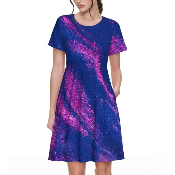 Defioc Neon Gradient Blue Pattern Womens Summer Dresses Short Sleeve Sundress 2025 Beach Vacation Dresses with Pockets -Large