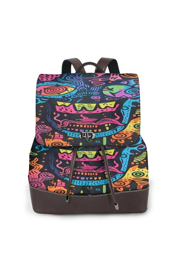 Neon Graffiti Urban Art Print PU Leather Backpack,Backpack Purse for Women Fashion Multipurpose Design Handbag Ladies Bags Travel Backpack