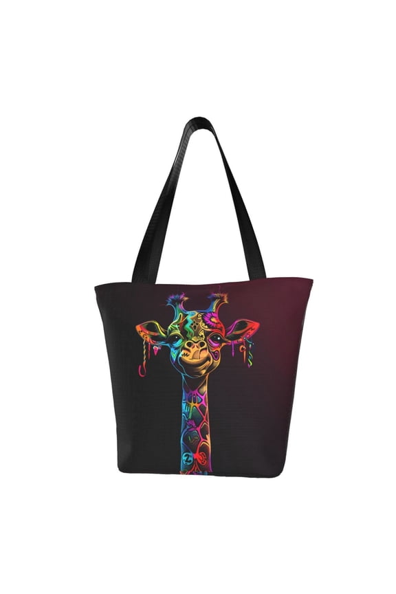 Neon Psychedelic Giraffe Print Tote Bag for Women,Shoulder Bag with Zipper Casual Tote's Handbag Big Capacity Shoulder Bag with Inner Pocket Fit for Shopping,Office,Travel