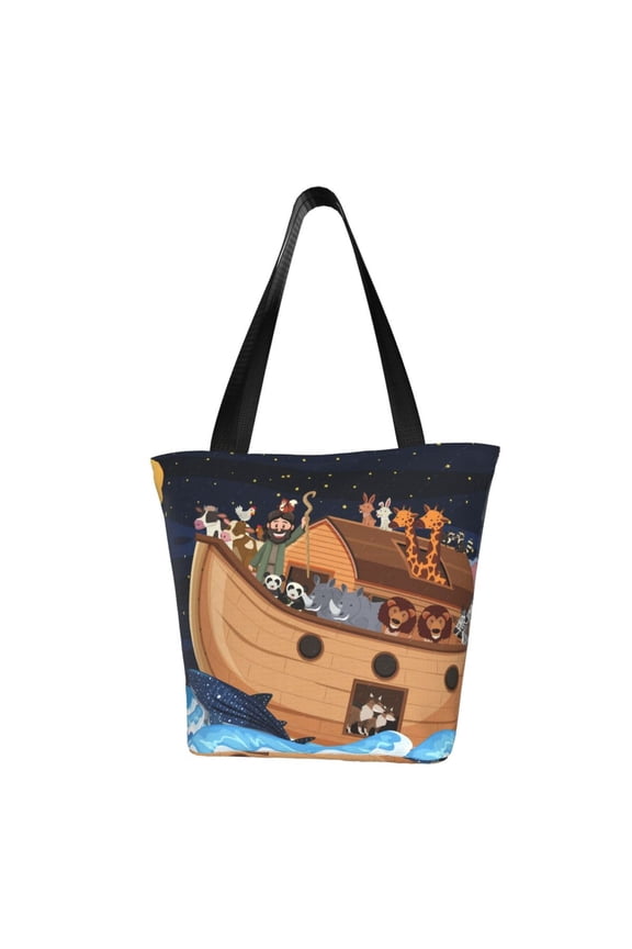 Ocean Scene with Noah's Ark Print Tote Bag for Women,Shoulder Bag with Zipper Casual Tote's Handbag Big Capacity Shoulder Bag with Inner Pocket Fit for Shopping,Office,Travel